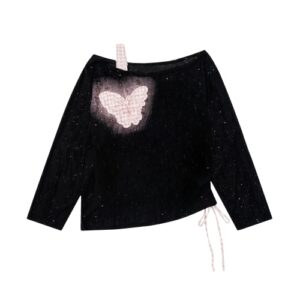 Trendy Black Long Sleeve with Butterfly Pattern